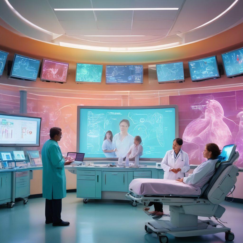 A diverse group of patients in a warm, bright hospital setting, interacting with advanced medical technologies and compassionate healthcare professionals. Include holographic displays of malignancy data, infusion of vibrant colors to represent hope, and dynamic graphs symbolizing advancements in treatment. Show an atmosphere of empowerment and support, highlighting personal stories and connections. super-realistic. vibrant colors. soft focus.